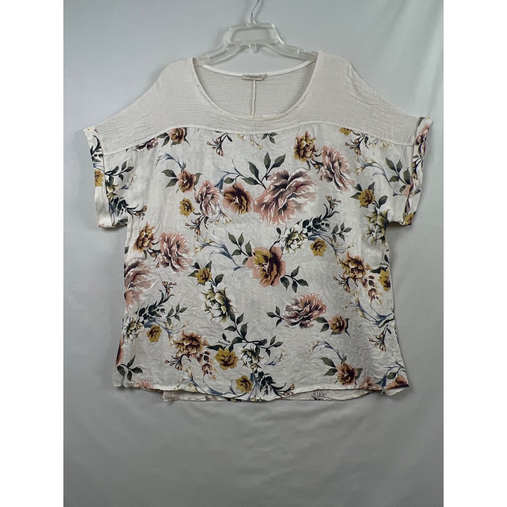 Lungo L'Arno Floral Blouse Women 2X White Mixed Media Short Sleeve Made in Italy